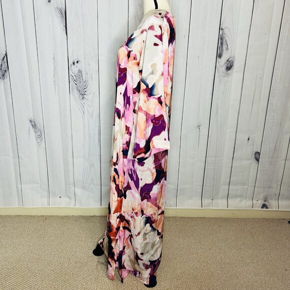 N Natori Caftan Pink Purple Abstract Floral Mix Sz L Full Zip 3/4 Sleeve Pockets - Picture 5 of 11